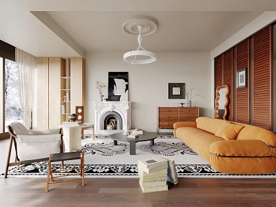 Modern Living Room Interior With Orange Sofa Fireplace Ceiling Lamp And Area Rug 3d model