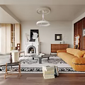 Modern Living Room Interior With Orange Sofa Fireplace Ceiling Lamp And Area Rug
