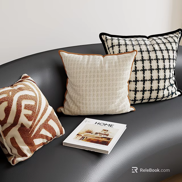 Stylish Decorative Pillows With Various Patterns On Black Sofa And Home Magazine 3d model 
