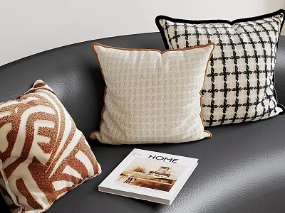 Stylish Decorative Pillows With Various Patterns On Black Sofa And Home Magazine 3d model