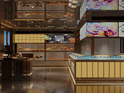 Modern Restaurant Interior With Food Display Cases Digital Screens And Counter 3d model