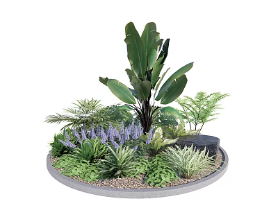 Vibrant Flower Plant Arrangement In Circular Bed With Large Leaves Purple Blooms Ferns Green Grass 3d model