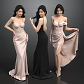 Three Women Wearing Elegant Satin Evening Gowns with Different Styles and Designs