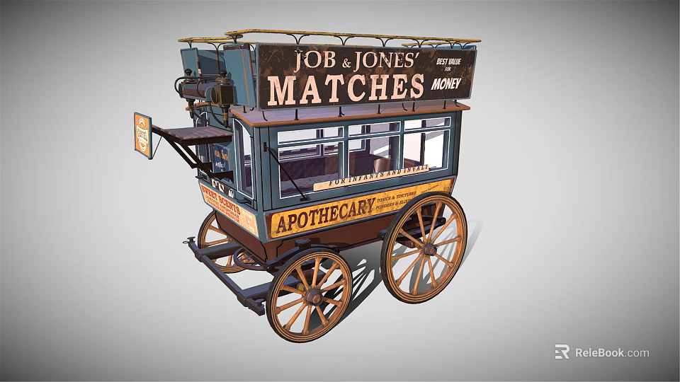 Vintage Old Fashioned Horse Drawn Carriage Job Jones' Matches Apothecary Display Signage 3d model 