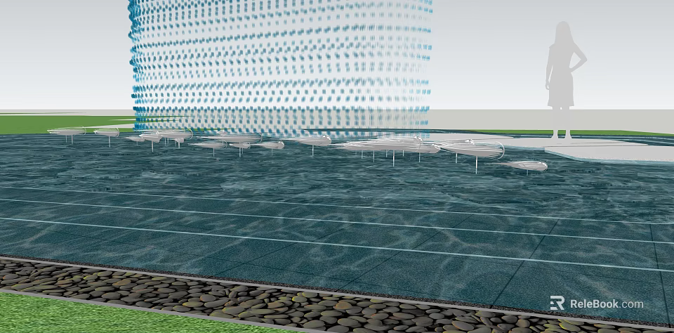Garden Decor Featuring Blue Transparent Structure Wavy Water Pattern Floor White Tables Chairs Pebbles Grass 3d model 