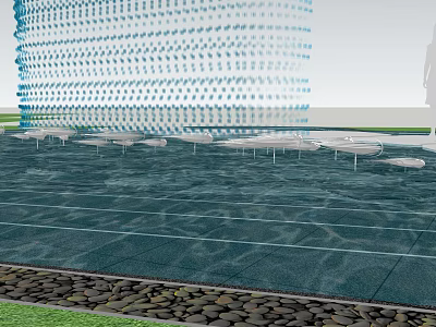 Garden Decor Featuring Blue Transparent Structure Wavy Water Pattern Floor White Tables Chairs Pebbles Grass 3d model