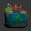 Miniature Decorative Scene with Red Bridge Blue Water Green Plants and Pagoda Structures