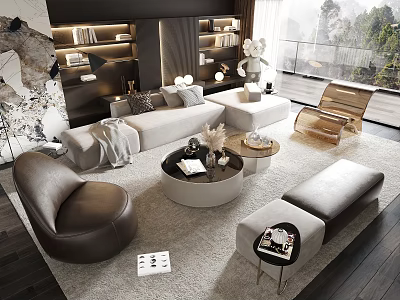 Modern Gray Sofa And Coffee Table Set With Round Table Soft Cushions And Area Rug 3d model