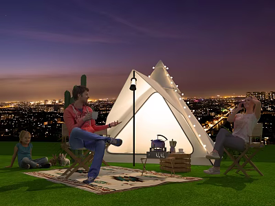 White Cone Shaped Tent With String Lights For Family Camping On Grass At Night 3d model