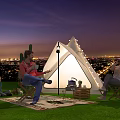 White Cone Shaped Tent With String Lights For Family Camping On Grass At Night