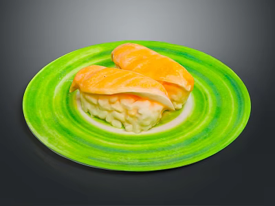 Delicious Fresh Salmon Sushi Two Pieces Served on Green Plate 3d model