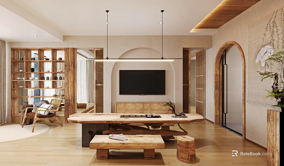 Warm Wooden Living Room Interior With TV Wall Hanging Lights And Arched Doorways 3d model 