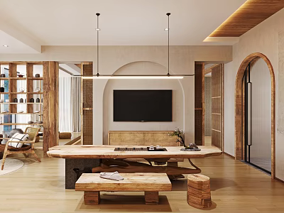 Warm Wooden Living Room Interior With TV Wall Hanging Lights And Arched Doorways 3d model