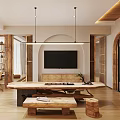 Warm Wooden Living Room Interior With TV Wall Hanging Lights And Arched Doorways