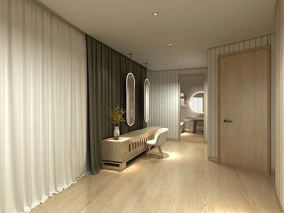 Hotel Guest Room Interior With Light Curtains Dark Walls Circular Mirrors And Wooden Flooring 3d model