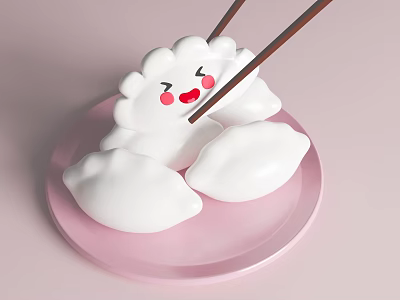 Cartoon Style Dumplings On Pink Plate With Chopsticks 3d model