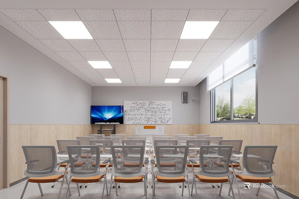 Modern Conference Room Setup With Arranged Chairs Large Screen TV Whiteboard Windows And Ceiling Lighting 3d model 