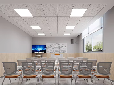 Modern Conference Room Setup With Arranged Chairs Large Screen TV Whiteboard Windows And Ceiling Lighting 3d model