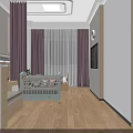 Modern Hospital Room Interior With Wooden Bed Nightstand TV And Purple Curtains