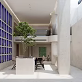 Basement Interior With Modern Design Skylight Natural Light Dining Table And Green Plant