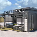 Modern Container Building With Outdoor Terrace Seating Area And Open Counter