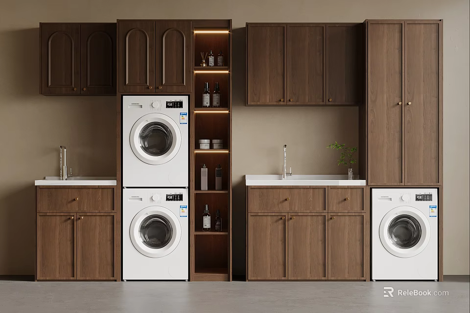 Functional Wooden Balcony Cabinets With Laundry Area Washing Machines And Storage 3d model 
