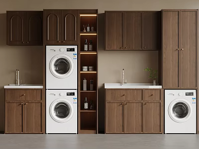 Functional Wooden Balcony Cabinets With Laundry Area Washing Machines And Storage 3d model