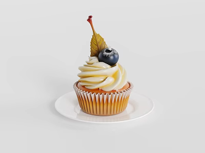 Delicious Cupcake With White Cream Frosting Blueberry And Leaf On White Plate 3d model