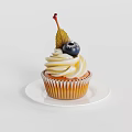 Delicious Cupcake With White Cream Frosting Blueberry And Leaf On White Plate