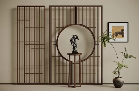 New Chinese Style Screen Partition Wooden Screen Partition Potted Plant 3d model