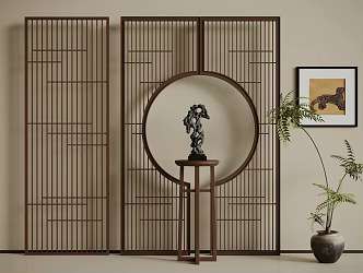 New Chinese Style Screen Partition Wooden Screen Partition Potted Plant 3d model