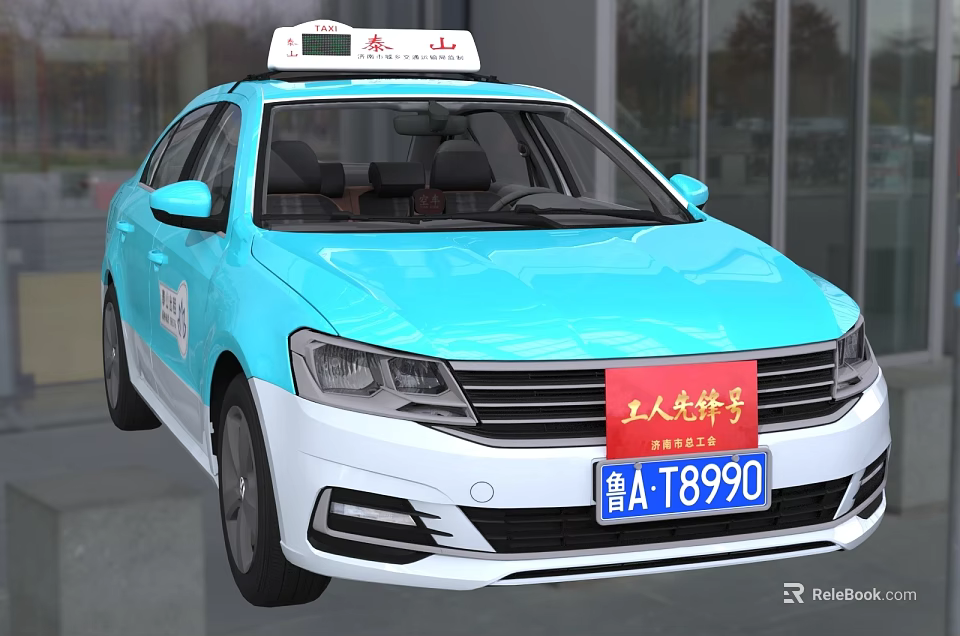 Blue and White Sedan Taxi Car With Roof Sign And Worker Pioneer Front Design 3d model 