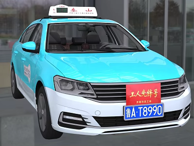 Blue and White Sedan Taxi Car With Roof Sign And Worker Pioneer Front Design 3d model