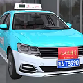 Blue and White Sedan Taxi Car With Roof Sign And Worker Pioneer Front Design