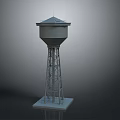 Tall Metal Frame Water Tower With Cylindrical Tank And Pyramidal Roof