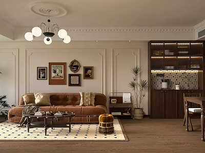 Cozy Modern Living And Dining Room Interior With Leather Sofa Coffee Table And Wooden Bookshelf 3d model