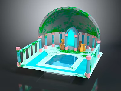 Cartoon Style Enchanted Garden Scene With Arched Mossy Roof Pink Columns Blue Water Pool And Decorative Jars 3d model