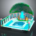 Cartoon Style Enchanted Garden Scene With Arched Mossy Roof Pink Columns Blue Water Pool And Decorative Jars