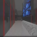 Elevator Hallway With Red Lighting Blue Decorative Wall And Stone Platform Flame Decorations 3d model