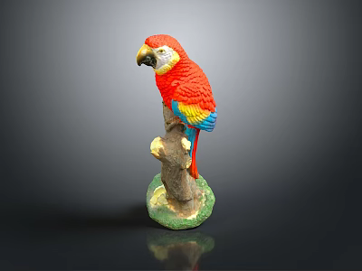 Vibrant Red Parrot Model With Yellow And Blue Feathers Perched On Tree Stump 3d model