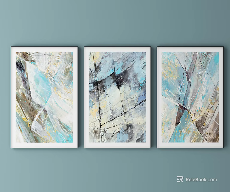 Three Abstract Paintings on Light Blue Wall with Modern Decor and Blue Gray Gold Tones 3d model 
