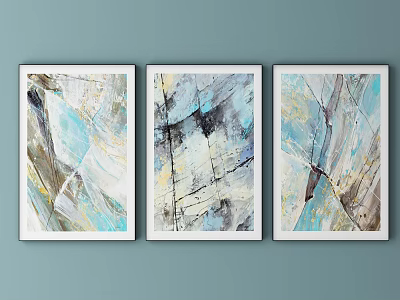 Three Abstract Paintings on Light Blue Wall with Modern Decor and Blue Gray Gold Tones 3d model