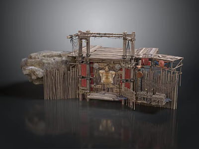 Tribal Rustic Wooden Structure With Rock Base Thatched Roof Red Doors And Fence 3d model