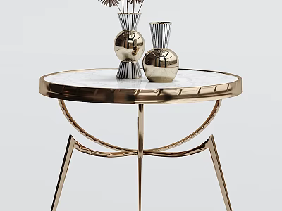 Elegant Modern Round Coffee Table With Marble Top Gold Metal Frame And Decorative Vases 3d model