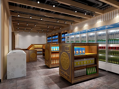 Specialty Store Interior With Wooden Shelves Refrigerators And Displayed Products 3d model