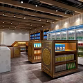 Specialty Store Interior With Wooden Shelves Refrigerators And Displayed Products