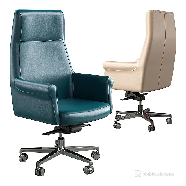 Modern Office Chair With Teal And Beige Leather High Back And Metal Base Wheels 3d model 