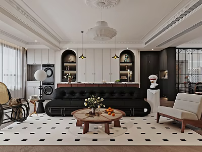 Modern Living Room Interior With Black Sofa Round Coffee Table Pendant Lights And White Sculpture 3d model