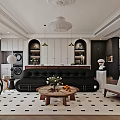 Modern Living Room Interior With Black Sofa Round Coffee Table Pendant Lights And White Sculpture