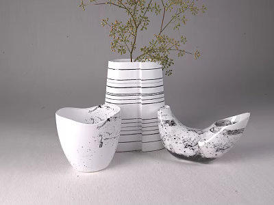 White Striped Vase With Green Plant And Decorative Containers On 3d model